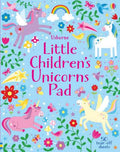 Light blue children's pad featuring four colorful unicorns among flowers, butterflies, and rainbows.