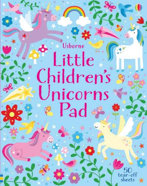 Light blue children's pad featuring four colorful unicorns among flowers, butterflies, and rainbows.