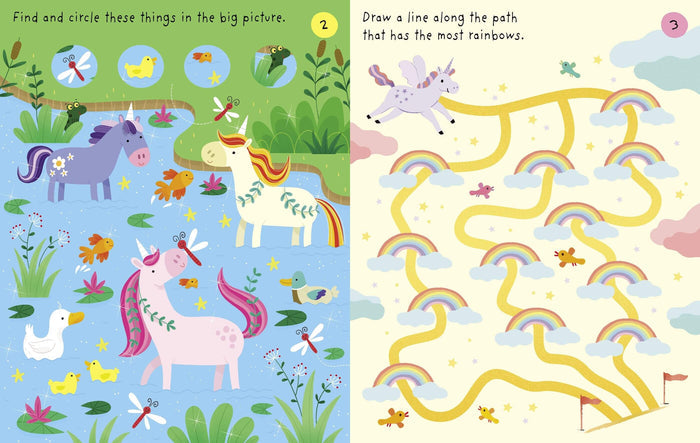 Brightly colored activity pages from a children's book featuring unicorns, pond animals, and a rainbow maze.
