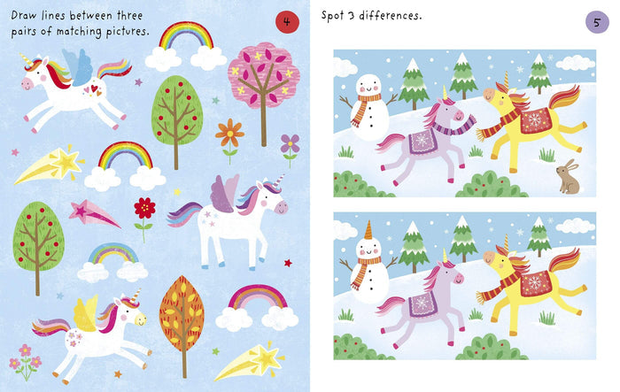 Two illustrated children's activity pages featuring unicorn-themed matching and spot-the-difference puzzles.