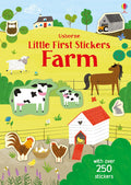 Colorful farm sticker book cover showing a cow, horse, and barn on yellow hills. Includes over 250 stickers.
