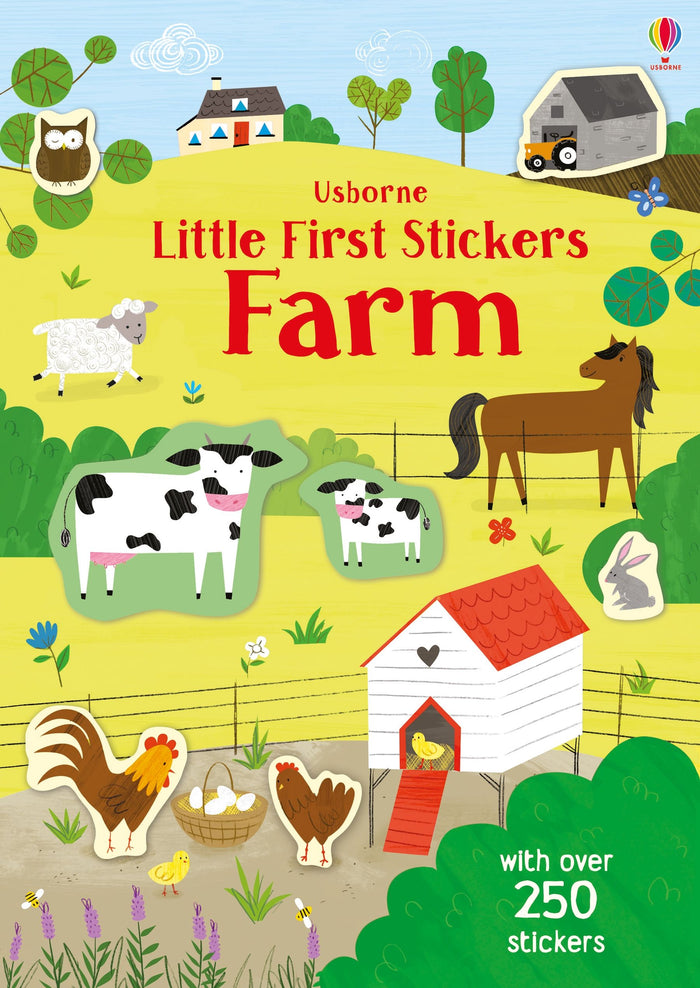 Colorful farm sticker book cover showing a cow, horse, and barn on yellow hills. Includes over 250 stickers.