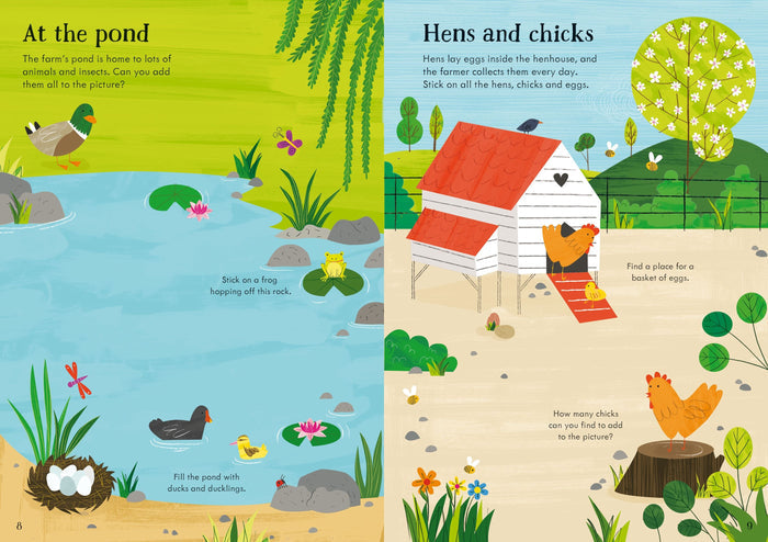 Open pages of a farm sticker book featuring colorful illustrations of a pond, ducks, and a chicken coop.