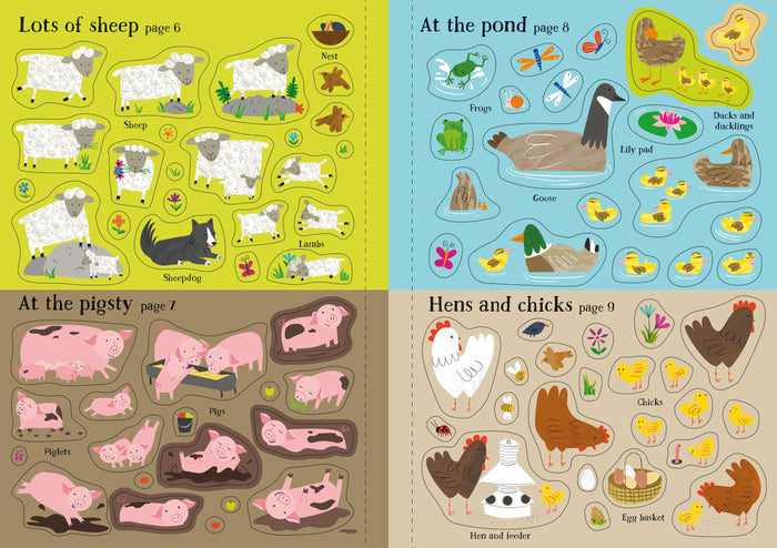 Four-panel illustration of farm animal sticker book pages with sheep, ducks, pigs, and chickens in colorful settings.