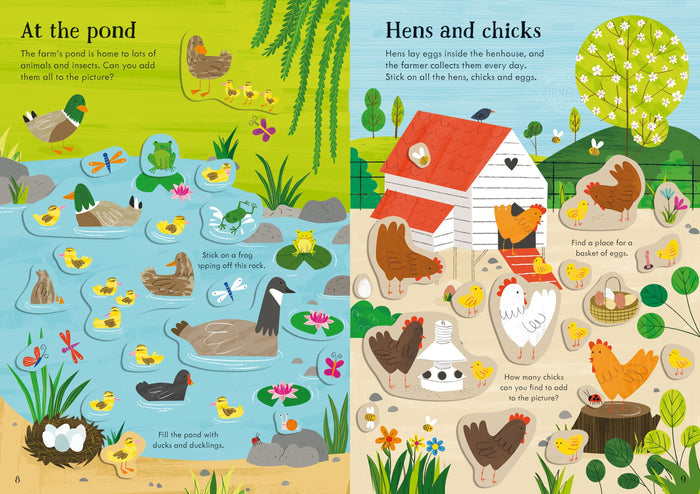 Colorful cartoon sticker book pages showing a pond with ducks and a farmyard with hens, chicks, and a henhouse.