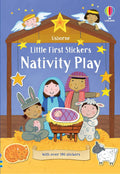 Nativity sticker book cover with children in costumes, a manger, and bright yellow stars on a blue background.