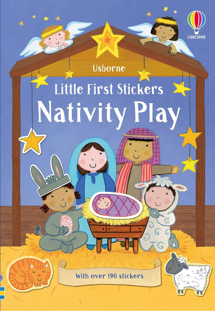 Nativity sticker book cover with children in costumes, a manger, and bright yellow stars on a blue background.