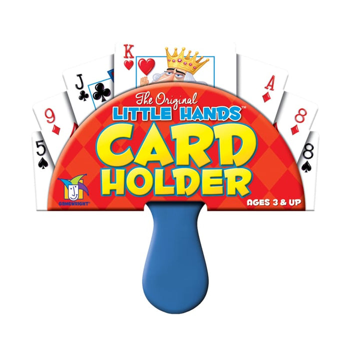 Red semi-circular card holder with blue handle, holding fanned playing cards behind bold yellow and blue text.