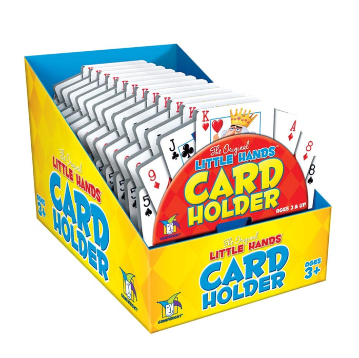 Yellow display box containing red semi-circular card holders holding playing cards for kids ages 3 and up.