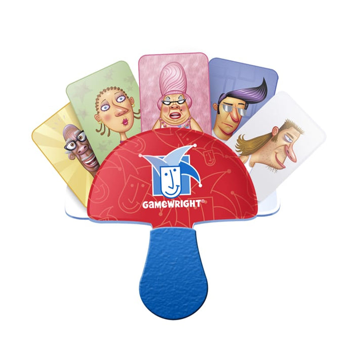 Red and blue paddle-shaped card holder holding five fanned-out cards with cartoon character illustrations.