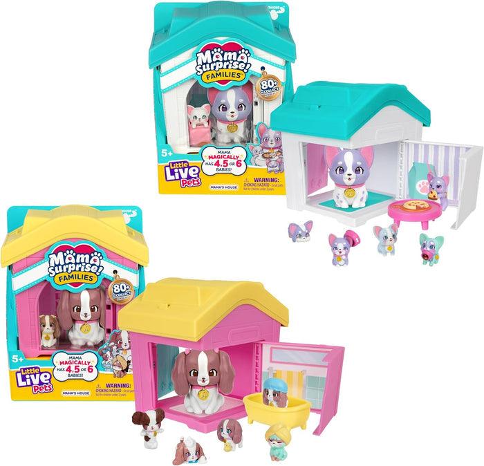 Teal and pink toy dog house playsets in packaging, featuring mama dog figures, multiple tiny puppies, and accessories.