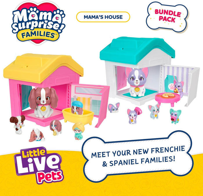 Pink and teal toy dog houses with Spaniel and Frenchie families, including mama dogs, puppies, and play accessories.