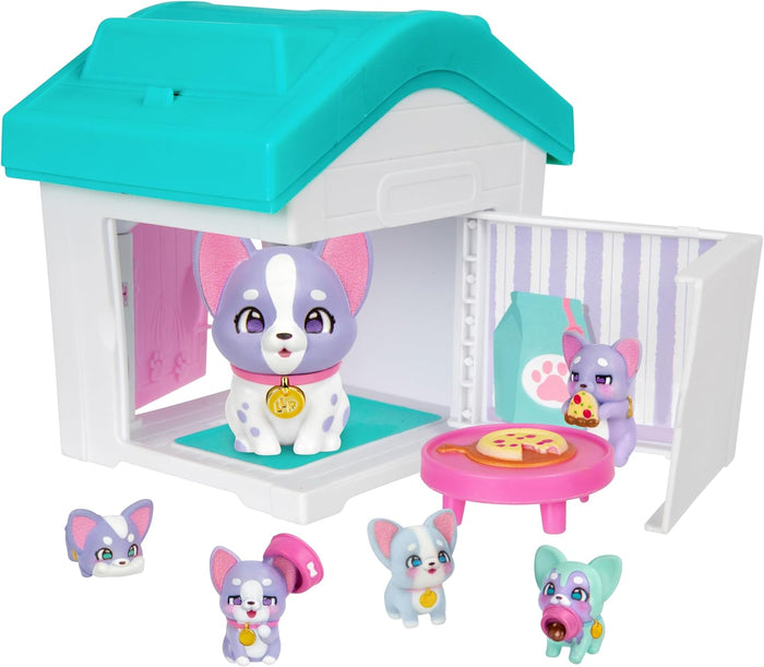 Teal and white toy doghouse with a large purple mama dog, five tiny puppies, a pink table, and pizza accessories.