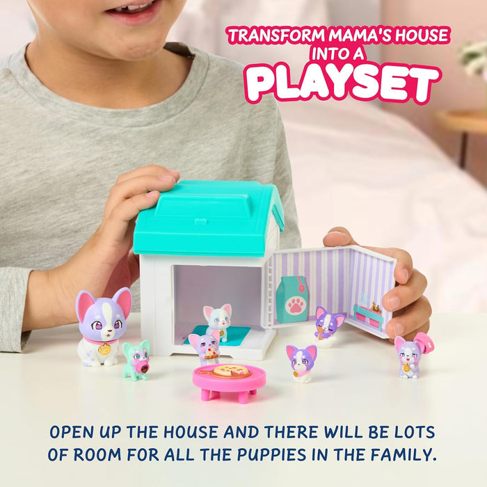 A child opening a white and teal toy house playset with several small purple puppy figures and a pink pizza table.