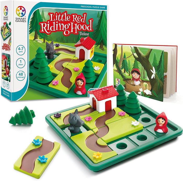 3D forest puzzle game with a green board, path tiles, a red-roofed house, wolf and girl figurines, and a picture book.