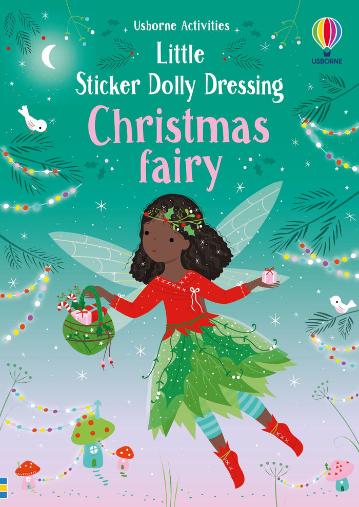 Book cover of a black Christmas fairy with wings and a green leaf skirt on a teal, snowy background.