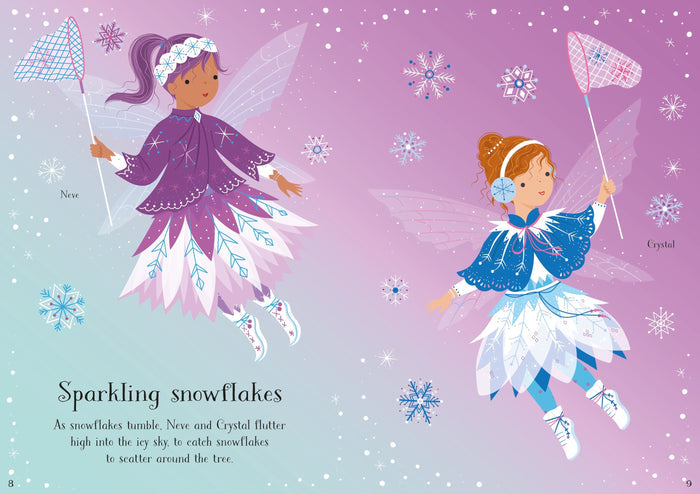 Two fairies in festive winter outfits fly through a starry purple and blue sky catching snowflakes with white nets.