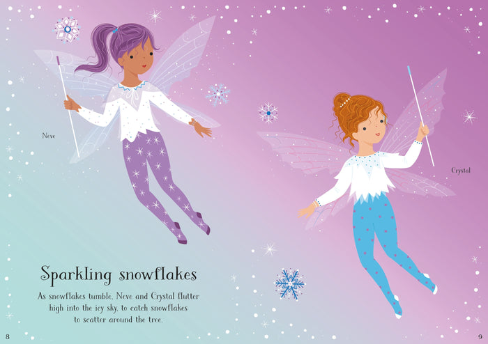 Two winter fairies named Neve and Crystal fly through a pastel purple sky filled with sparkling snowflakes.