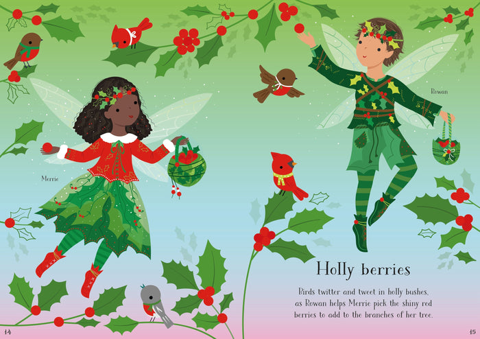 Colorful illustration of two fairies picking red holly berries from branches among small birds and green leaves.