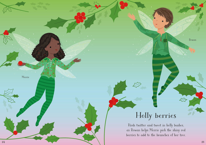 Fairies Merrie and Rowan fly among green holly branches and red berries in a colorful storybook scene.