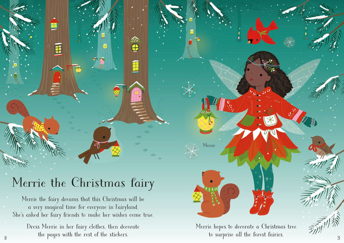 Illustrated page of a black fairy in a red coat in a snowy forest with animal friends and tree houses.