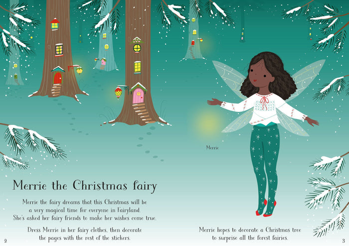 Illustrated book spread of a dark-haired fairy in a snowy forest with tiny glowing treehouses and holiday text.