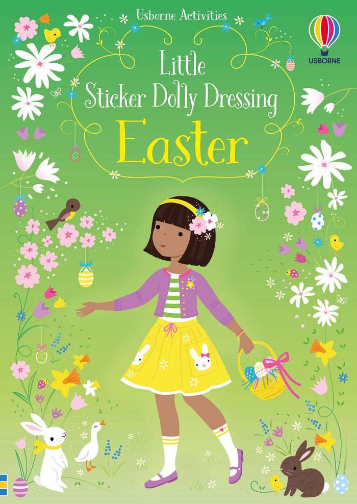 Green book cover with an illustrated girl holding an egg basket among spring flowers, bunnies, and chicks.