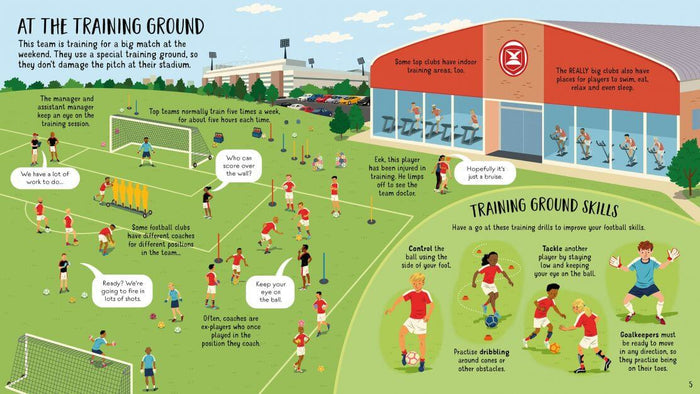 Detailed cartoon illustration of a soccer training field with players in red kits performing drills on green grass.