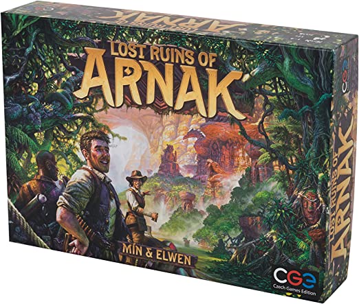 Rectangular board game box with lush jungle art, explorers, and stone ruins under the gold title Lost Ruins of Arnak.