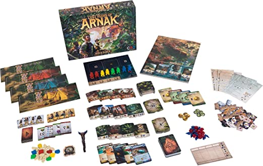 Illustrated board game box with jungle-themed player boards, cards, meeples, wooden tokens, and colorful gem pieces.