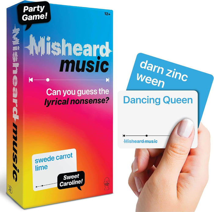 Gradient Misheard Music box beside a hand holding cards with 'darn zinc ween' and 'Dancing Queen' lyrics.