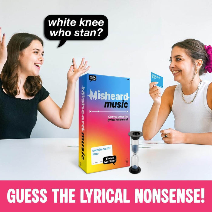 Two women playing the Misheard Music card game with a bright gradient box, game cards, and an hourglass timer.