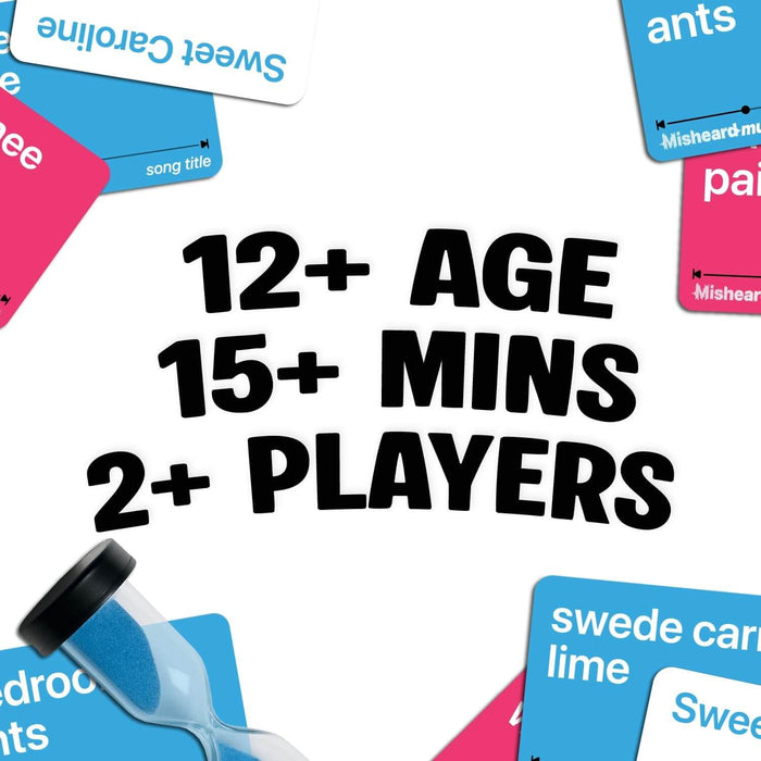12+ AGE, 15+ MINS, 2+ PLAYERS text surrounded by blue and pink song lyric cards and a blue sand timer.