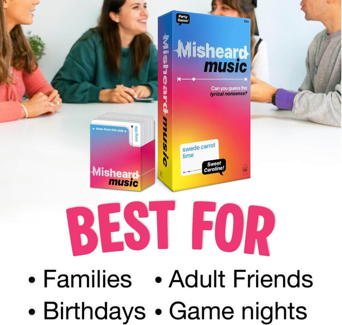 Colorful gradient game box and card deck on a table with text listing best uses for families and game nights.