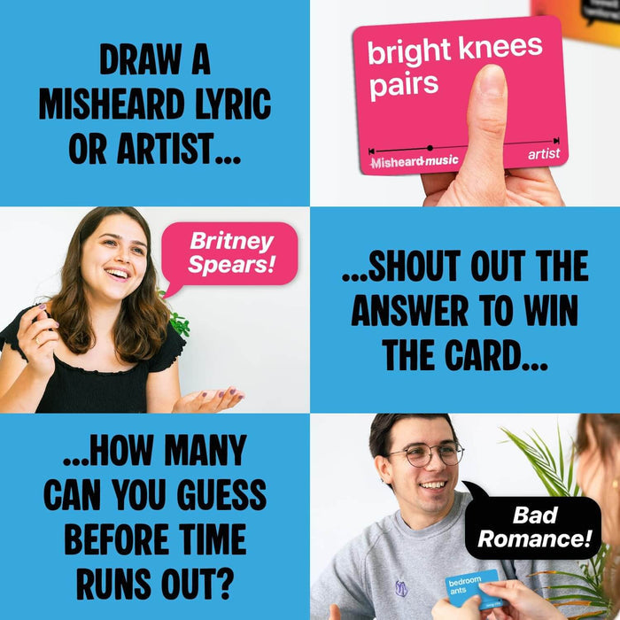 A six-panel graphic with blue text boxes and photos of people shouting guesses for misheard music lyric and artist cards.