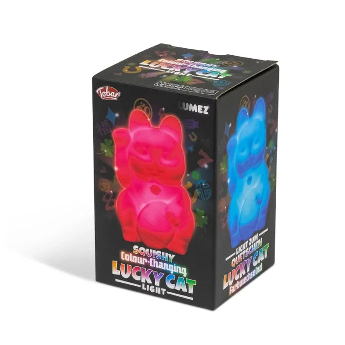Black box showing cat-shaped lamps glowing red and blue in a lucky cat pose with one paw raised.