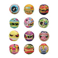 Twelve unique, colorful 1.5-inch spherical monster toys with grotesque facial features, arranged in a 4x3 grid.