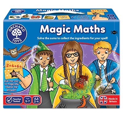 Blue game box showing three children in wizard robes brewing a potion in a cauldron, featuring math sum cards.