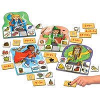 Magic math game with four colorful wizard boards, yellow equation tiles, and small illustrated ingredient cards.