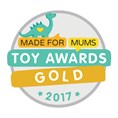 Made for Mums Toy Awards Gold 2017 circular seal with a teal dinosaur illustration and yellow accents.