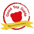 Red circular Good Toy Guide stamp featuring a teddy bear silhouette and a yellow banner with the word Recommended.