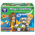 Green box showing children in wizard robes using a bubbling cauldron and letter tiles to spell words like spider and cat.