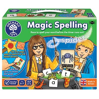 Green box showing children in wizard robes using a bubbling cauldron and letter tiles to spell words like spider and cat.