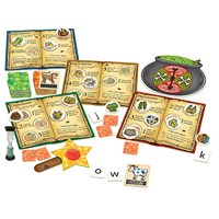 Four colorful spell books, a cauldron spinner, star wand, sand timer, and alphabet tiles on a white background.