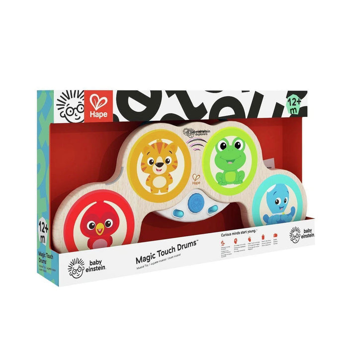 Baby Einstein Magic Touch Drums toy with four animal-themed pads on a wooden frame in red and white packaging.