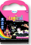 Pink handle scratch art pad featuring a castle, fairy, and unicorn being revealed by a stylus on black pages.