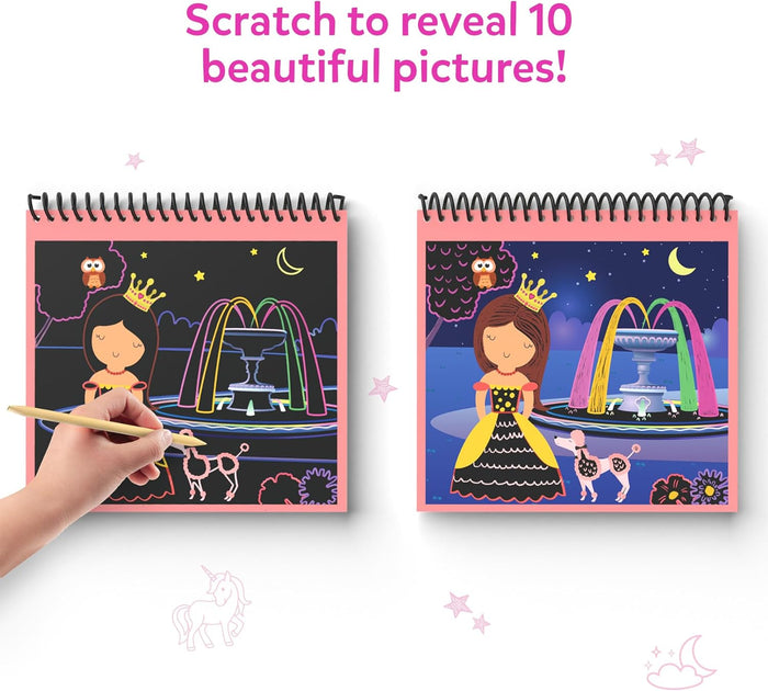 Hand scratching a black pad to reveal a colorful princess scene next to a finished version with a vibrant night sky.