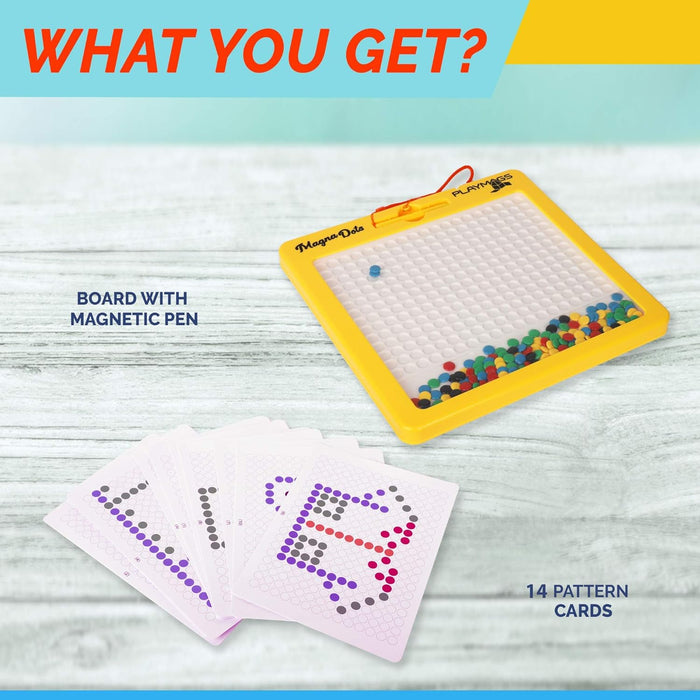 Yellow square magnetic board with colorful beads inside, a stylus, and 14 design cards showing pattern examples.