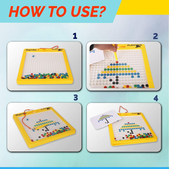 Four steps show using a magnetic stylus to move colorful dots on a yellow board to create a mosaic umbrella design.