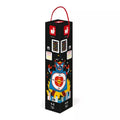 Tall black box with a red handle, featuring a blue robot target graphic and colorful magnetic dart illustrations.